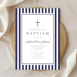 Elegante Navy Blauwe Kruis Jongens Doop Kaart