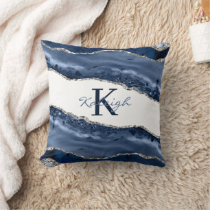 Elegante Navy Blauwe Marmer Zilveren Glans Monogra Kussen
