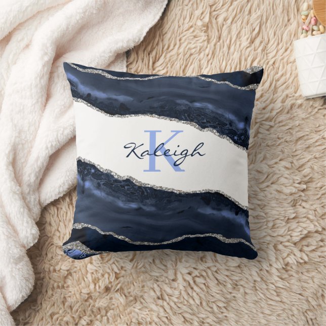 Elegante Navy Blauwe Marmer Zilveren Glitter Monog Kussen (Deken)