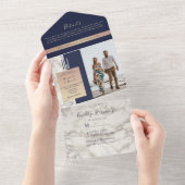 Elegante Navy Blauwe Marmeren Bruiloft All In One Uitnodiging (Afscheurbaar)
