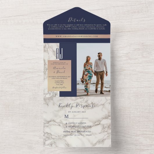 Elegante Navy Blauwe Marmeren Bruiloft All In One Uitnodiging (Binnen)