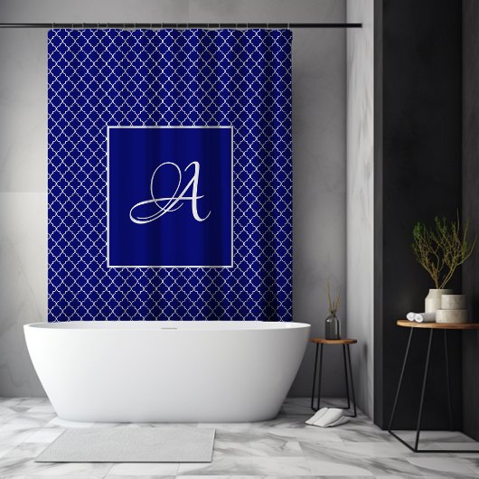 Elegante Navy Blauwe Marokkaanse Damast Monogram Douchegordijn