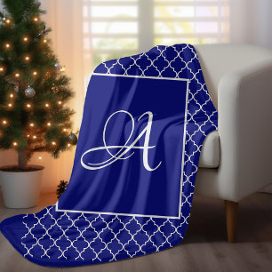 Elegante Navy Blauwe Marokkaanse Damast Monogram Fleece Deken