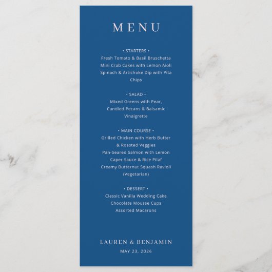 Elegante Navy Blauwe Menutemplate Menu (Voorkant)