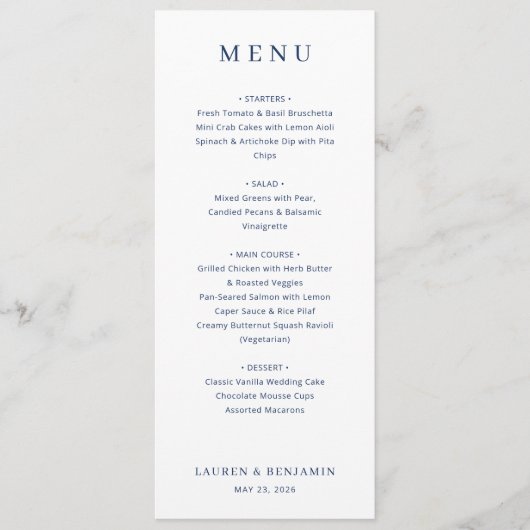 Elegante Navy Blauwe Minimalistische Trouwmenu Menu (Voorkant)