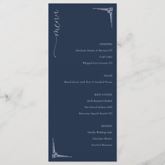 Elegante Navy Blauwe Minimalistische Trouwmenu Menu (Voorkant)