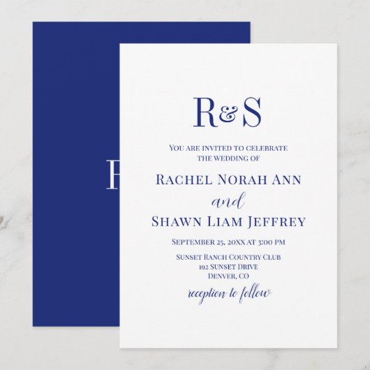 Elegante Navy-blauwe moderne monogram-huwelijk Kaart (Voorkant / Achterkant)
