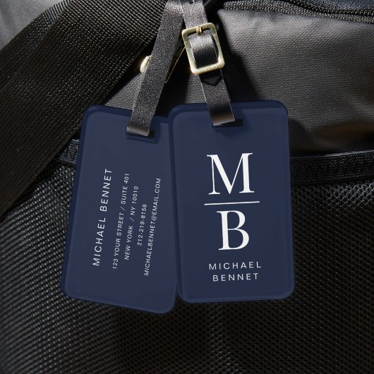 Elegante Navy Blauwe Monogram Bagagelabel