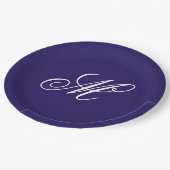 Elegante Navy Blauwe Monogram Beginletter  Papieren Bordje (Gekanteld)