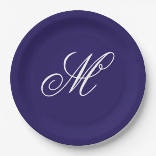 Elegante Navy Blauwe Monogram Beginletter Papieren Bordje