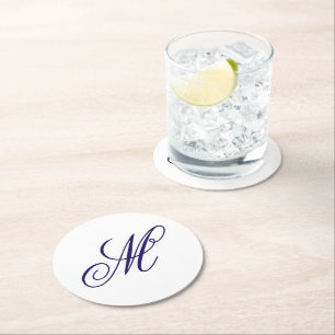 Elegante Navy Blauwe Monogram Beginletter Ronde Kartonnen Onderzetter