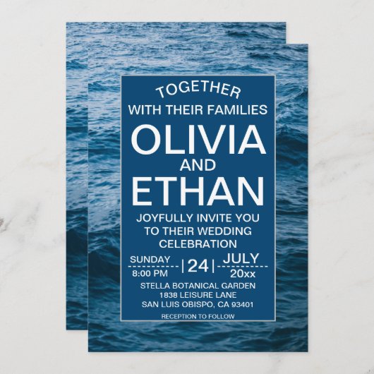 Elegante Navy Blauwe Oceaan Strand Kust Bruiloft Kaart (Voorkant / Achterkant)