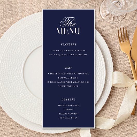 Elegante Navy Blauwe Oude Geld Huwelijk Menu