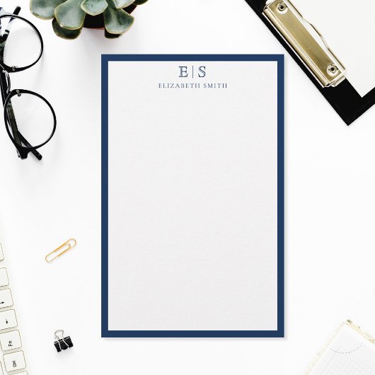 Elegante Navy Blauwe Rand Monogram Briefpapier