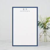 Elegante Navy Blauwe Rand Monogram Briefpapier (Staand voorkant)