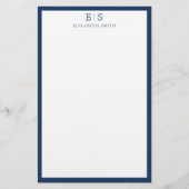 Elegante Navy Blauwe Rand Monogram Briefpapier (Voorkant)