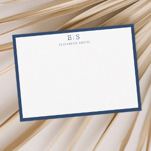 Elegante Navy Blauwe Rand Monogram Notitiekaartje