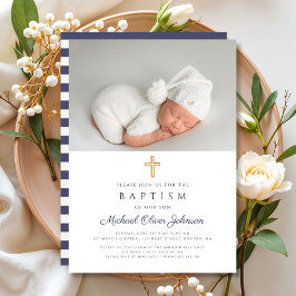 Elegante Navy Blauwe Religieuze Kruis Foto Doop Kaart