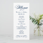 Elegante Navy Blauwe Rol Huwelijksmonogram Menu (Staand voorkant)
