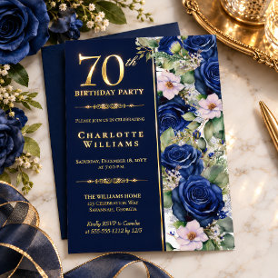 Elegante Navy Blauwe Roos Bloemstuk 70e Verjaardag Folie Uitnodiging