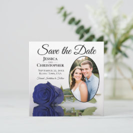 Elegante Navy Blauwe Roos op Witte Ovale Fototrouw Save The Date