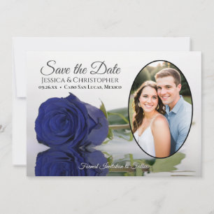 Elegante Navy Blauwe Roos & Ovale Foto Bruiloft Save The Date