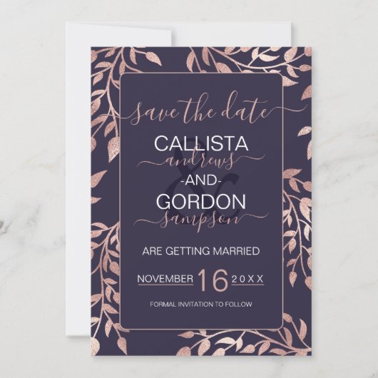 Elegante Navy Blauwe Roze Gouden Bloemige Bladeren Save The Date (Voorkant)