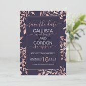 Elegante Navy Blauwe Roze Gouden Bloemige Bladeren Save The Date (Staand voorkant)