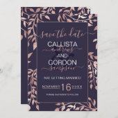 Elegante Navy Blauwe Roze Gouden Bloemige Bladeren Save The Date (Voorkant / Achterkant)