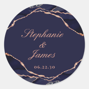 Elegante Navy Blauwe Roze Gouden Folie Agate Huwel Ronde Sticker