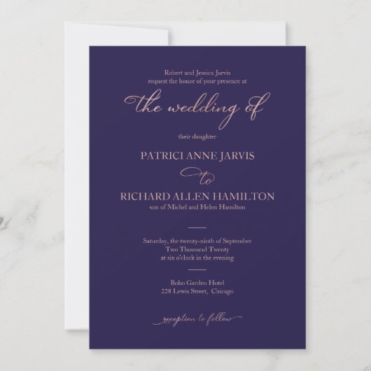 Elegante Navy Blauwe Roze Gouden Script Klassieke Kaart (Voorkant)