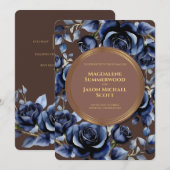 Elegante Navy Blauwe Rozen Bloemen & Goud Bruin Kaart (Voorkant / Achterkant)