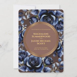 Elegante Navy Blauwe Rozen Bloemen & Goud Bruin Kaart