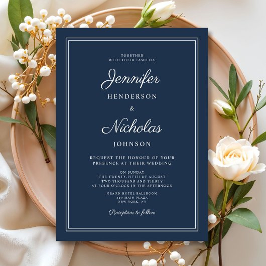 Elegante Navy Blauwe Script Bruiloft Kaart
