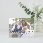 Elegante Navy Blauwe Script Foto Bedankkaart Briefkaart (Staand voorkant)