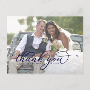 Elegante Navy Blauwe Script Foto Bedankkaart Briefkaart