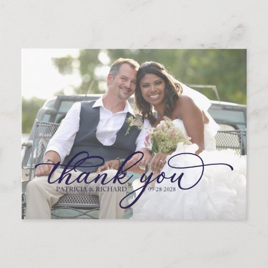 Elegante Navy Blauwe Script Foto Bedankkaart Briefkaart (Voorkant)