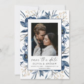 Elegante Navy Blauwe Script Foto Bloem Bruiloft Save The Date (Voorkant)