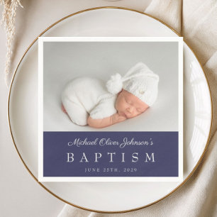 Elegante Navy Blauwe Script Foto Doop Servet