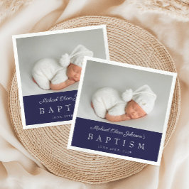 Elegante Navy Blauwe Script Foto Doop Servet
