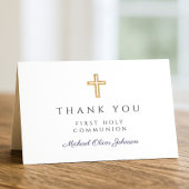 Elegante Navy Blauwe Script Jongen Eerste Communie Bedankkaart