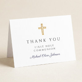 Elegante Navy Blauwe Script Jongen Eerste Communie Bedankkaart