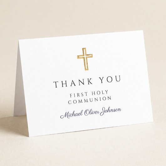 Elegante Navy Blauwe Script Jongen Eerste Communie Bedankkaart