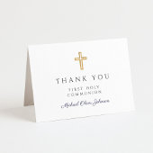 Elegante Navy Blauwe Script Jongen Eerste Communie Bedankkaart