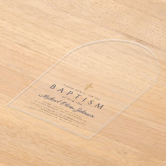 Elegante Navy Blauwe Script Jongen Foto Doop Acryl Uitnodigingen (Laagn)