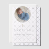 Elegante Navy Blauwe Script Jongen Foto Doop Vellum Uitnodigingen (Offset (Uitnodiging))