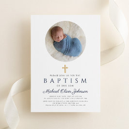 Elegante Navy Blauwe Script Jongens Foto Doopfeest Kaart