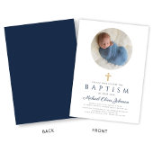 Elegante Navy Blauwe Script Jongens Foto Doopfeest Kaart