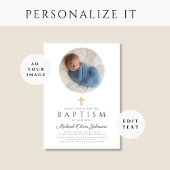 Elegante Navy Blauwe Script Jongens Foto Doopfeest Kaart
