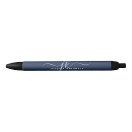 Elegante Navy Blauwe Script Monogram Eerste Letter Zwarte Inkt Pen